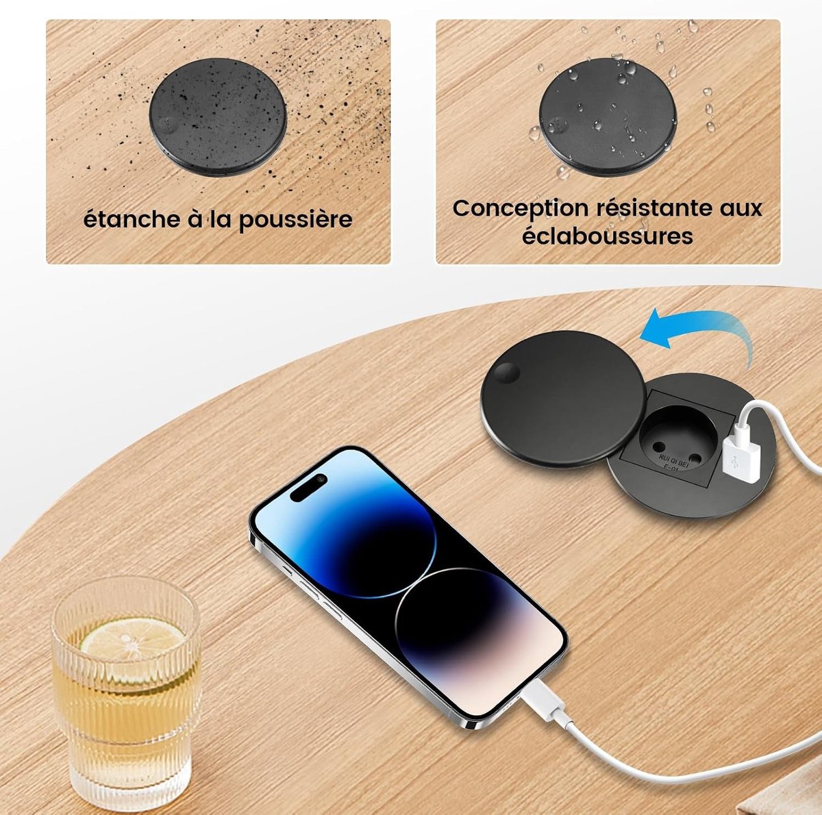 Inbouwstekkerdoos - Rond - 80 mm - Met USB-C PD20W en USB-A - Voor Bureau en Keuken