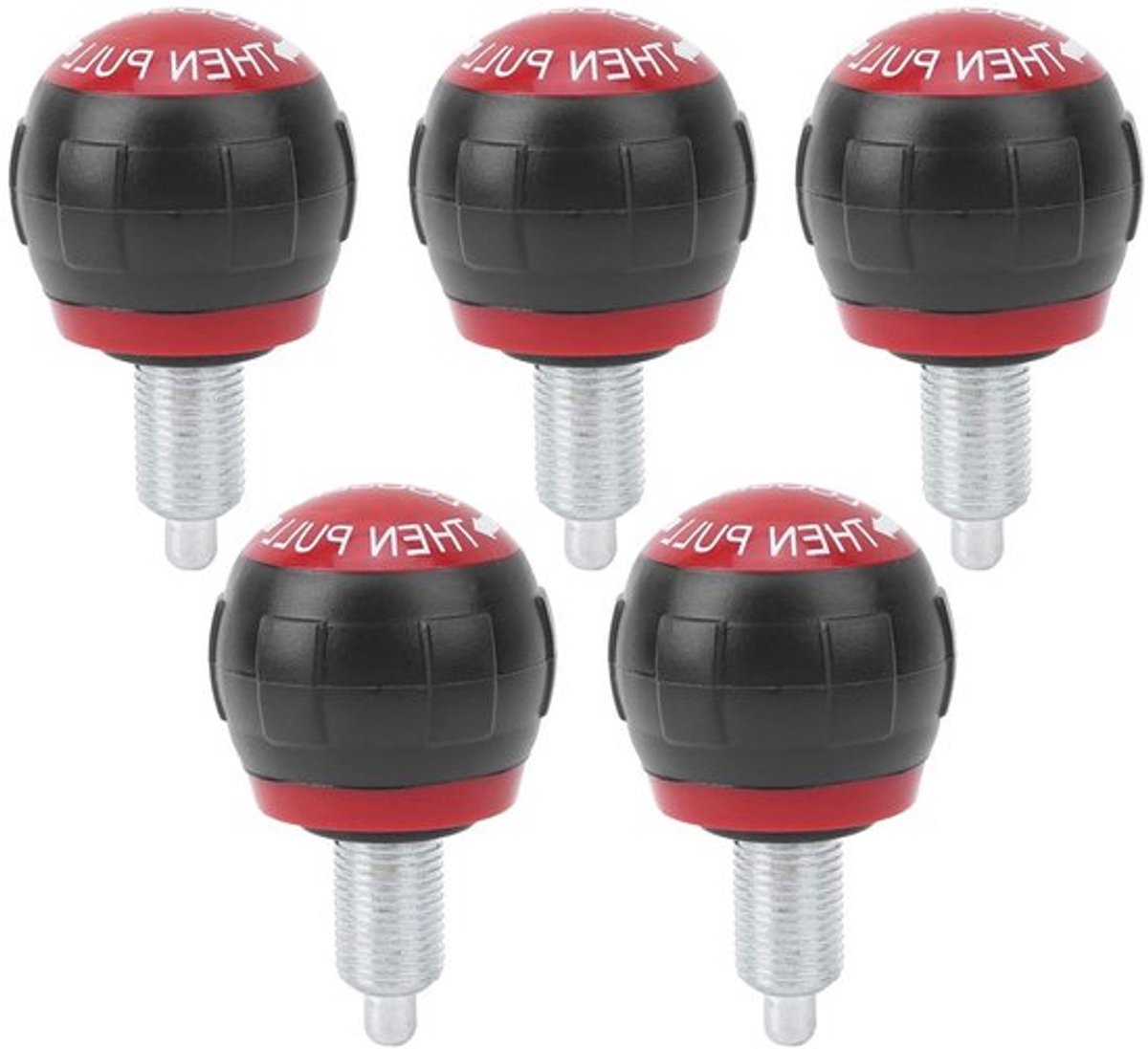 Fitness Pop-pull Pin met Glad Kunststof Handvat voor Trainingswielen - Set van 5, 50 x 45 mm, Zwart Rood, Ideaal voor Krachttraining en Mobiliteitsoefeningen