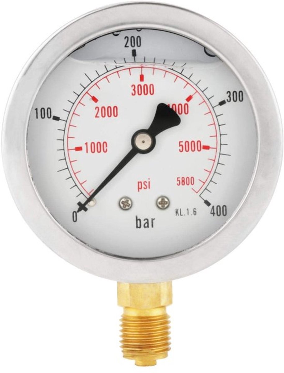 Hydraulische Drukmeter 0-400 Bar - Manometer Waterdruk - Manometer Compressor - G1/4 Aansluiting - 63 mm Wijzerplaat - Metalen Buitenhuls