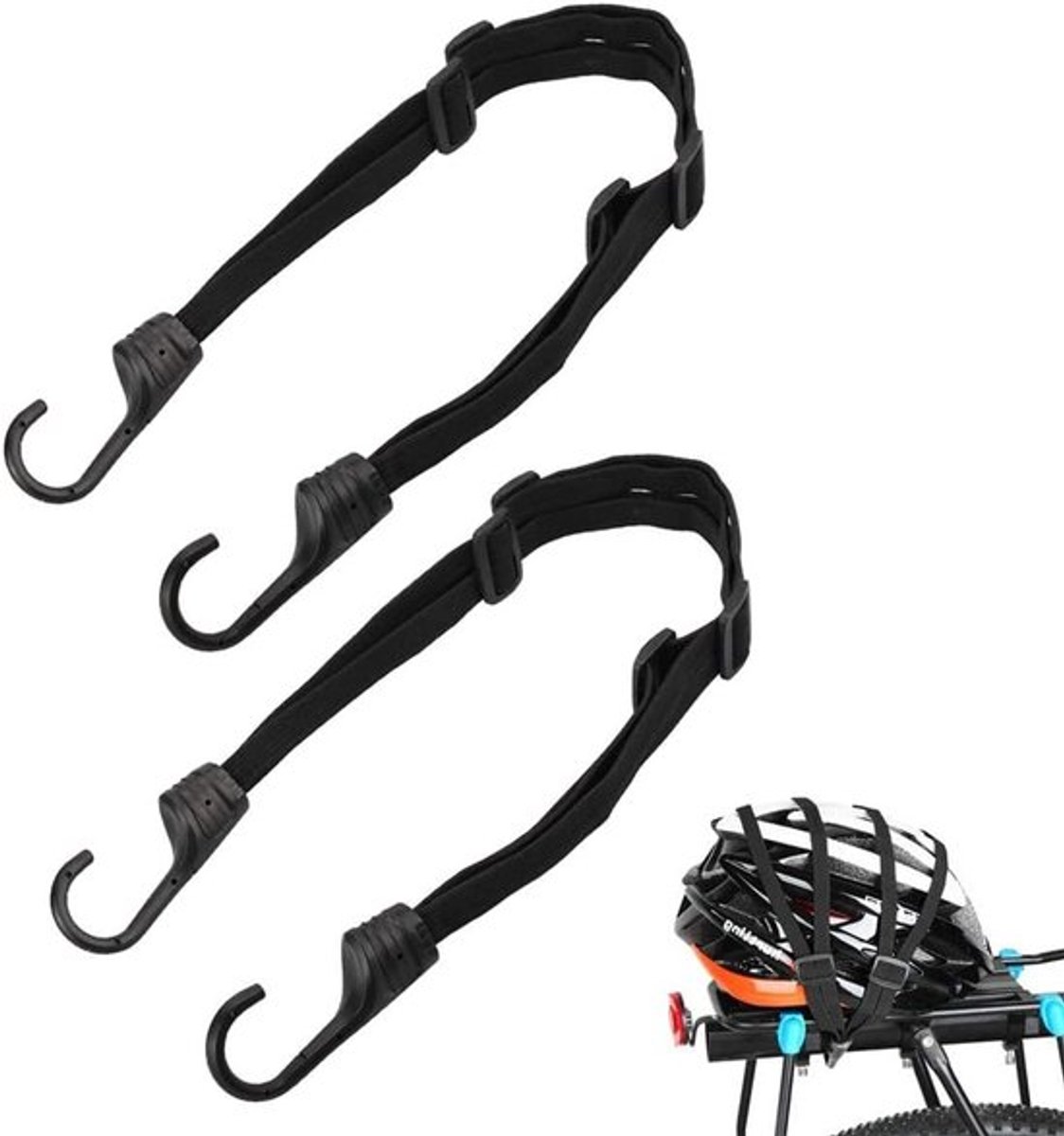 Set van 2 Riemen met Haakjes voor Fiets en Motor, Verstelbare Elastische Helmriemen, Fiets Tensioner en Flat Tensioner met Haak, Zwart
