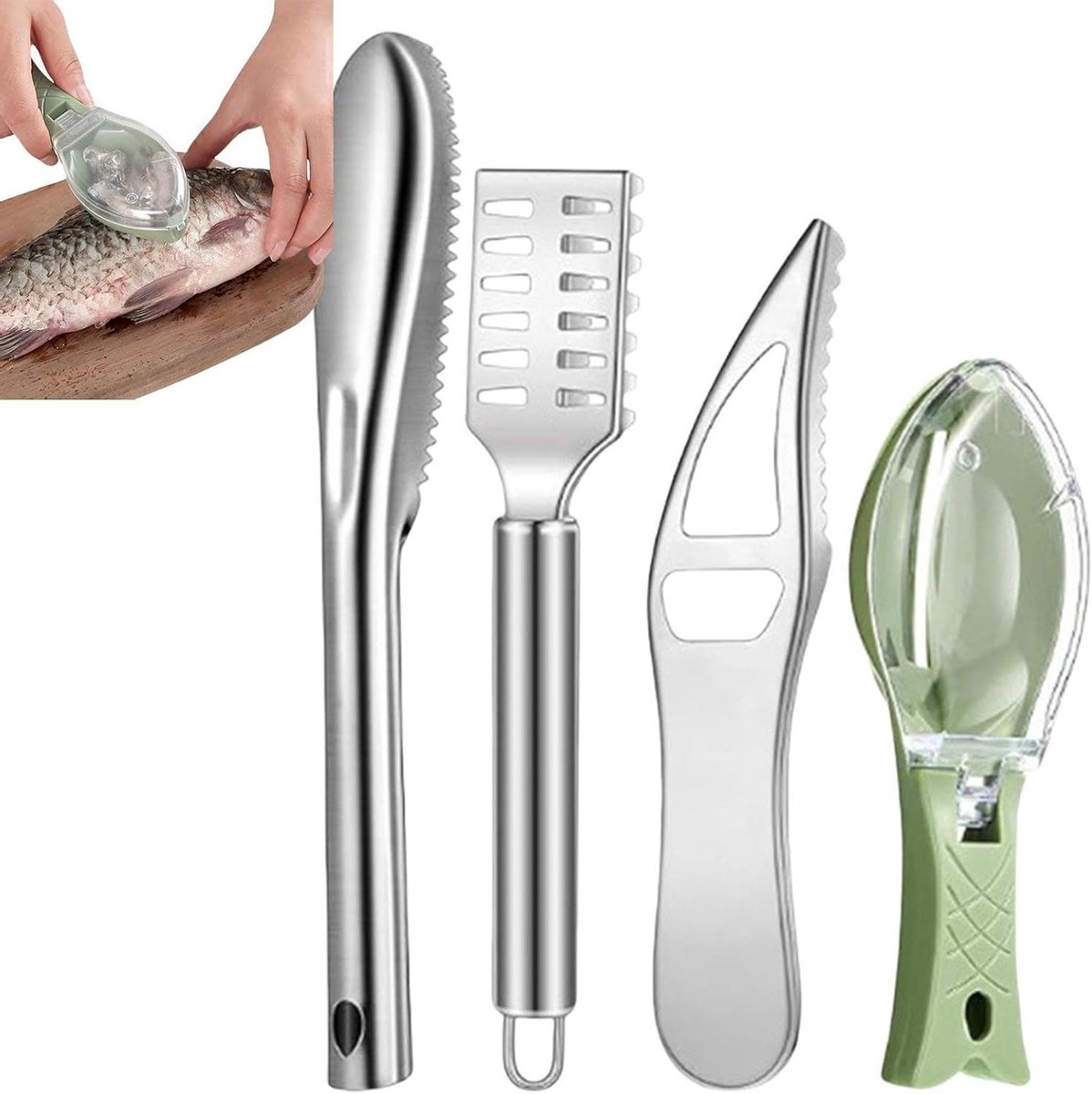 Vis Ontschummer Set - Vis Schraper - Vis Bereiden - Roestvrij Staal - 4 Delig - Zilver