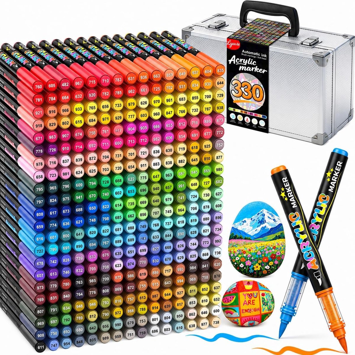 SnelShoppen - Lyuvie Acrylstiften 330 Kleuren met Penseel op Waterbasis - Permanente Marker voor Stenen, Stof, Papier, Kiezelstenen, Hout, Glas en Kun
