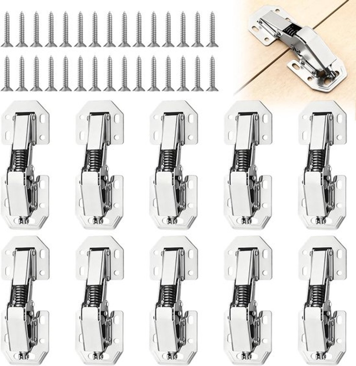 Set van 10 90° Soft Close Scharnieren voor Keuken- en Kastdeuren, Hydraulische Scharnieren voor Hoekoplossingen, Vooraf Geen Boren Nodig, Ideaal voor Kasten en Kledingkasten