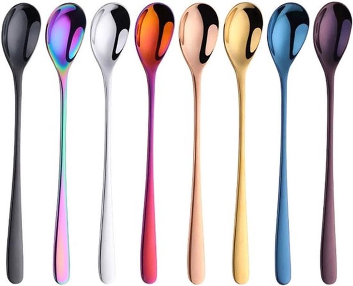 Kleurige RVS Latte Lepels met Lange Handgreep - 8 Stuks voor IJs, Thee en Desserts - 20.5 cm, Ideaal voor Sundae en Koffie