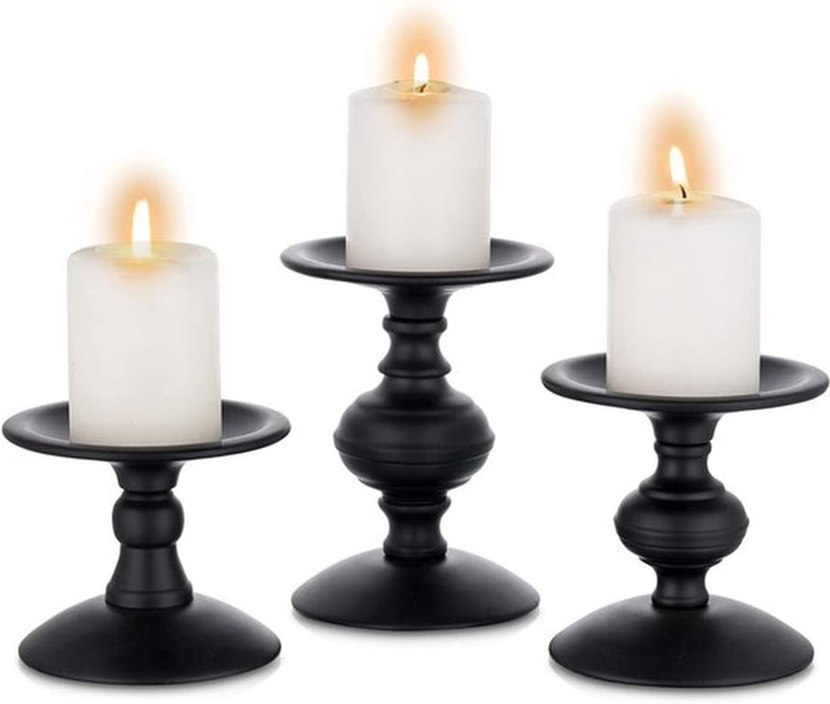 Set van 3 Vintage Kaarsenstandaards in Verweerd Metaal, Retro Zwart voor Tafel Decoratie en Haard Accessoires