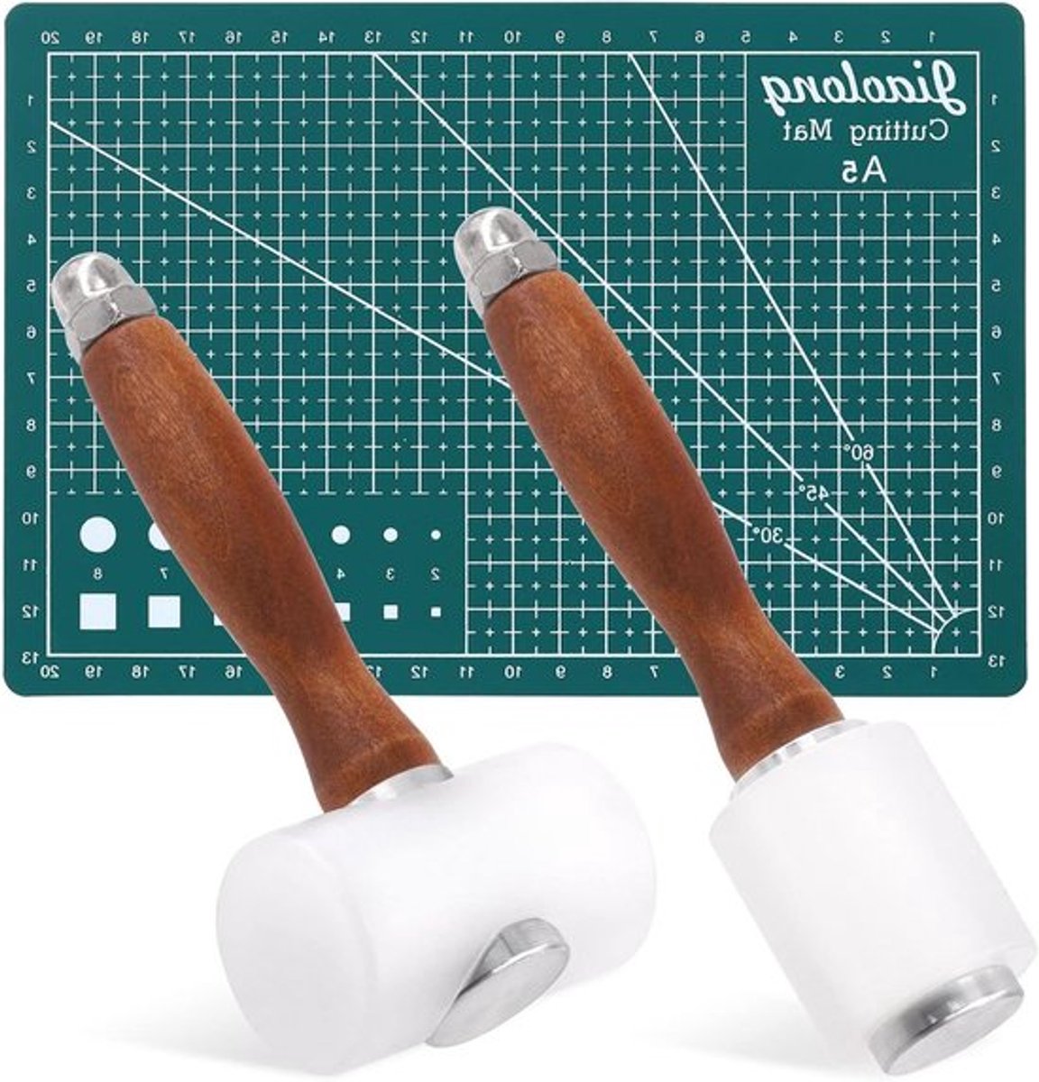 Set van 3 Leren Beitels met Snijmat, 2 Nylon Hamer met Houten Handvat en A5 Snijmat voor Leerbewerking en Stempelen