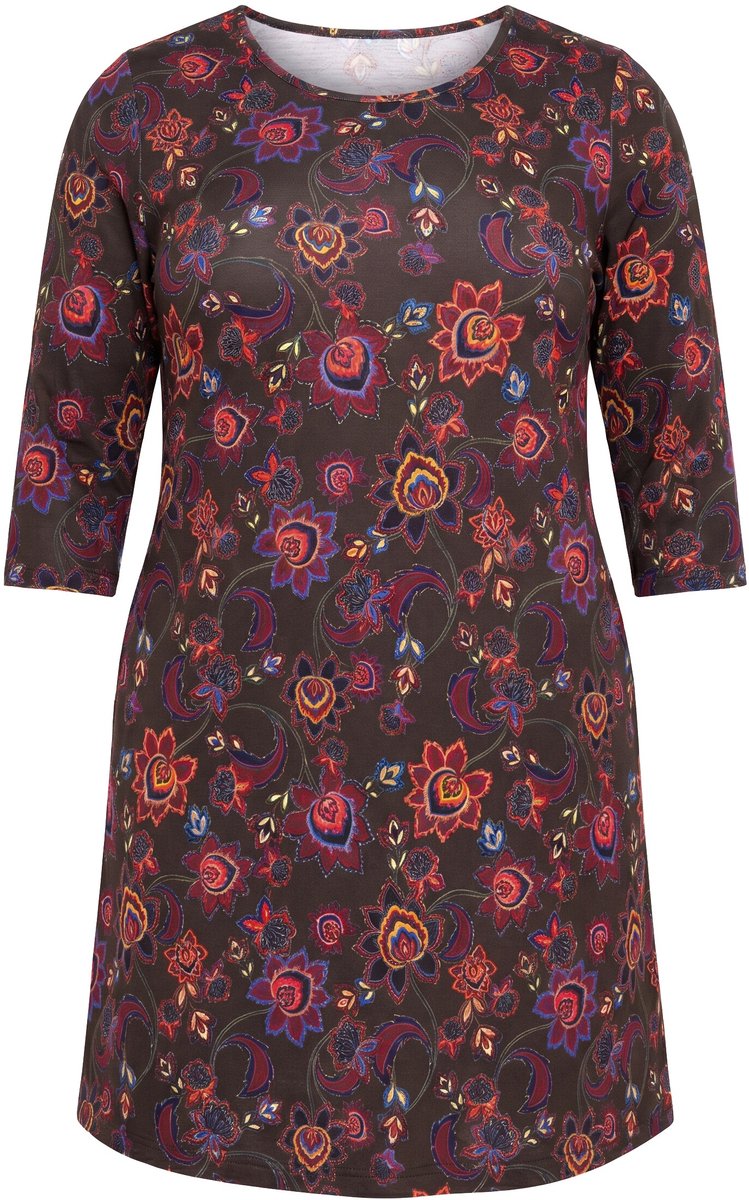 Ulla Popken - Dames - Jersey jurk bloemen A-lijn ronde hals 3/4-mouwen zakken - Mahonie - Maat 54+