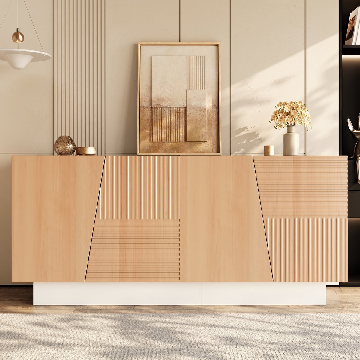 VVBV Dressoir - 160 x 40,5 x 72 cm, Naturel-Wit, met 4 Deuren, Verstelbare Planken, Reliëffronten, MDF & Spaanplaat