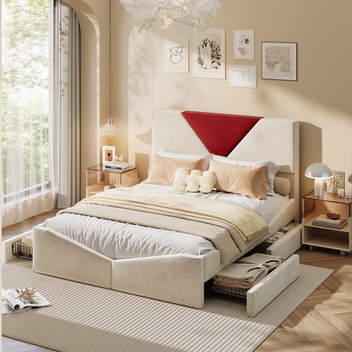 Tweepersoonsbed 140x200 cm,Gestoffeerd， fluwelen bed met 4 lades en houten lattenbodem, beige, zonder matras