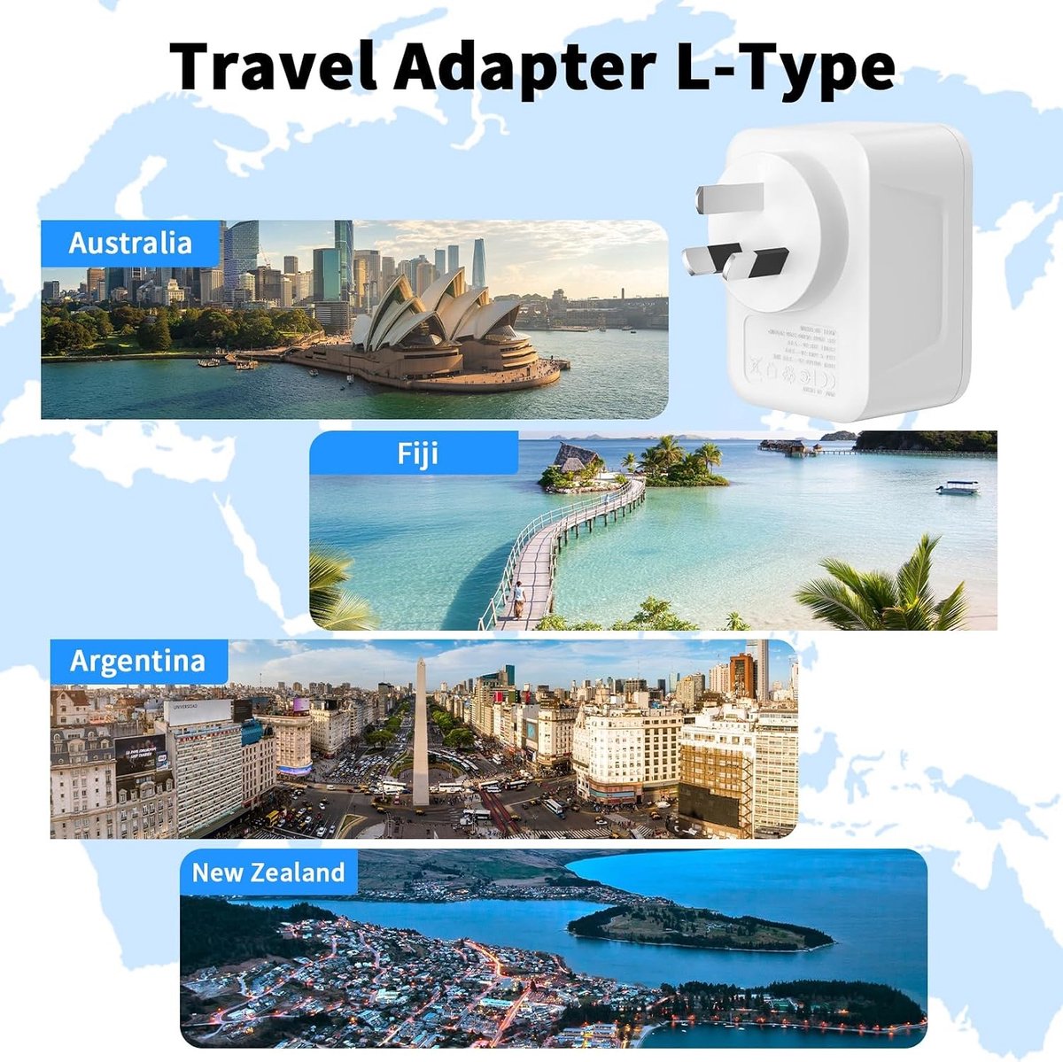 Reisadapter - Wit - 7 x 7 x 5 cm - 5-in-1 Stekkeradapter met 1 AC & 2 USB-C & 2 USB-A - Voor Australië, Nieuw-Zeeland, Fiji, Argentinië