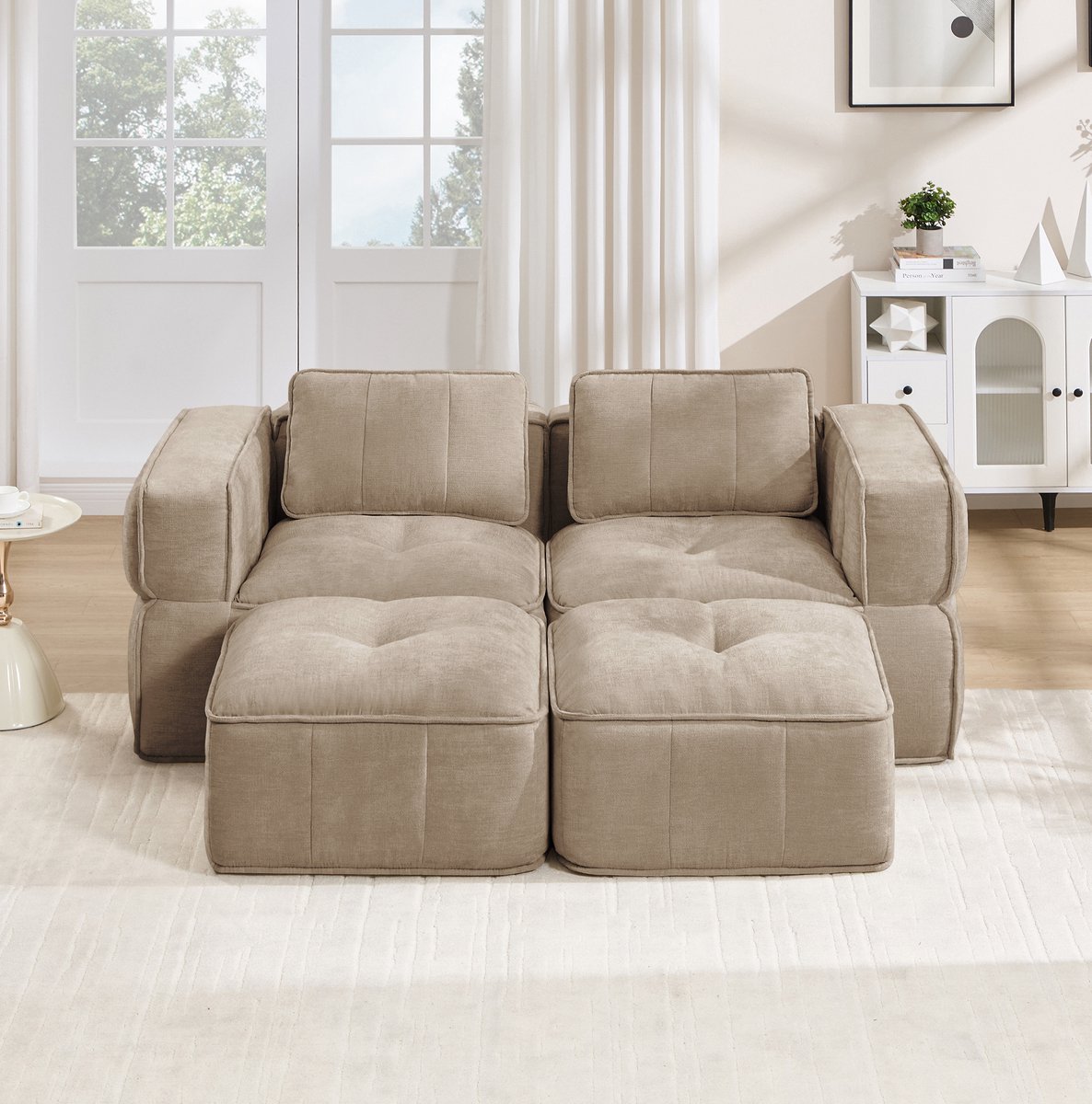 FloraGrace Bank – 2-Zits Modulaire Bank Set Met 2 Hockers – Zachte Polyester Bekleding, Diepe Zit & Antislip Basis – Voor Woonkamer En Appartement – Sand