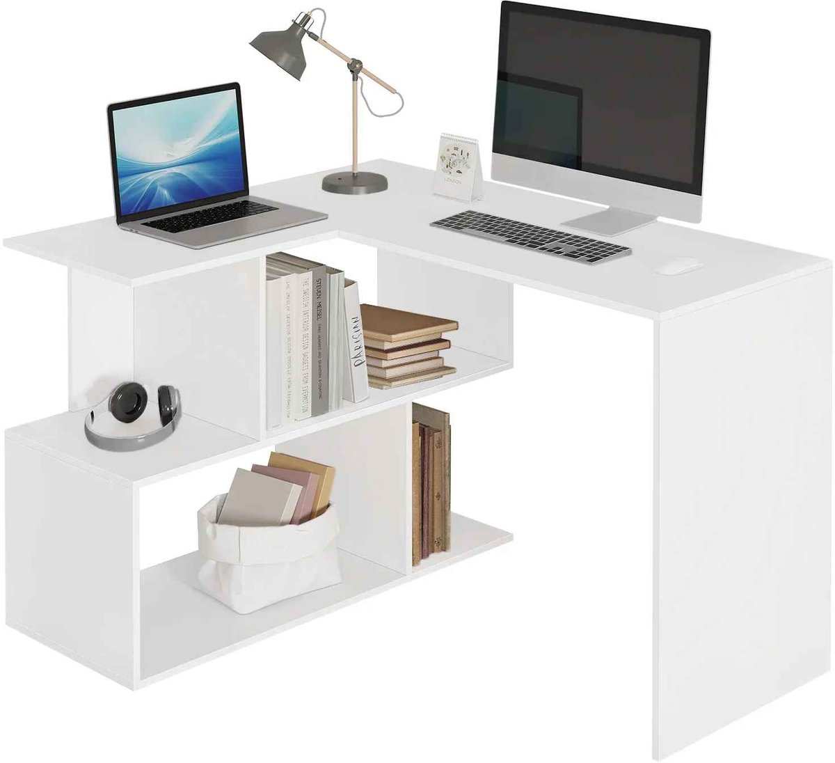 CORE Bureau met Opbergplanken - Computertafel voor Thuiswerken en Studeren - Stevig Werkbureau van Spaanplaat met Metalen Frame - Schrijftafel voor Laptop en PC - Multifunctioneel Bureau - Industrieel Design - 120x100x77cm - Wit