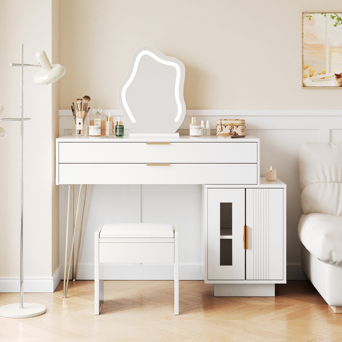 LED Kaptafel met Spiegel - Uitbreidbaar Design - Met 3 Lichtmodi en Grote Lades - Voor Slaapkamer - Wit