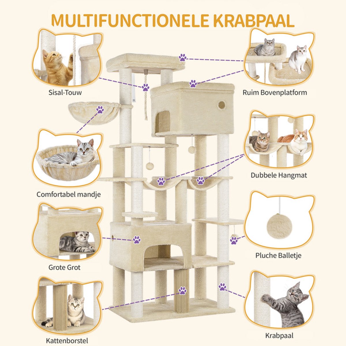 Hzuaneri Krabpaal, 185 cm XL Krabpaal met 10 krabpalen, 2 holen, 2 hangmatten, groot platform, kattenborstels, mandje, robuuste krabpaal voor Maine Coons en grote katten, beige thumbnail 5