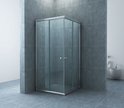Cabine de douche d'angle en verre transparent avec profilés chromés, dans une salle de bain moderne.