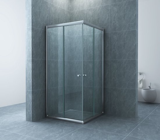 Cabine de douche d'angle en verre transparent avec profilés chromés, dans une salle de bain moderne.