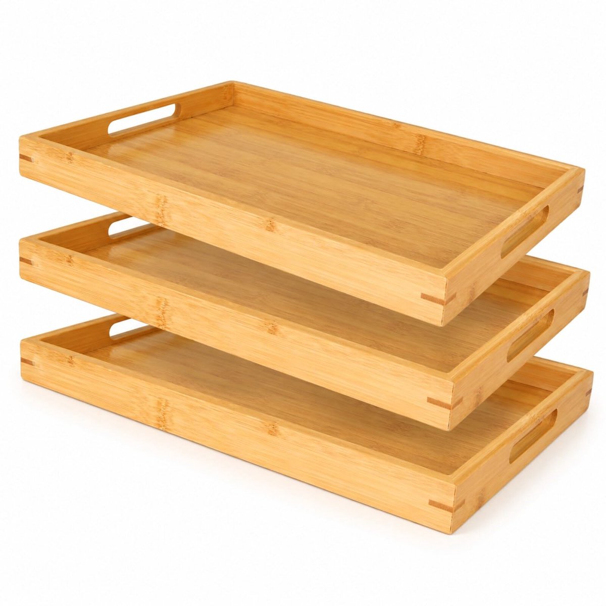 Famanu – Set van 3 bamboe dienbladen met handgrepen, 35 x 25 x 3 cm, rechthoekig voor dranken, ontbijt en keukendecoratie