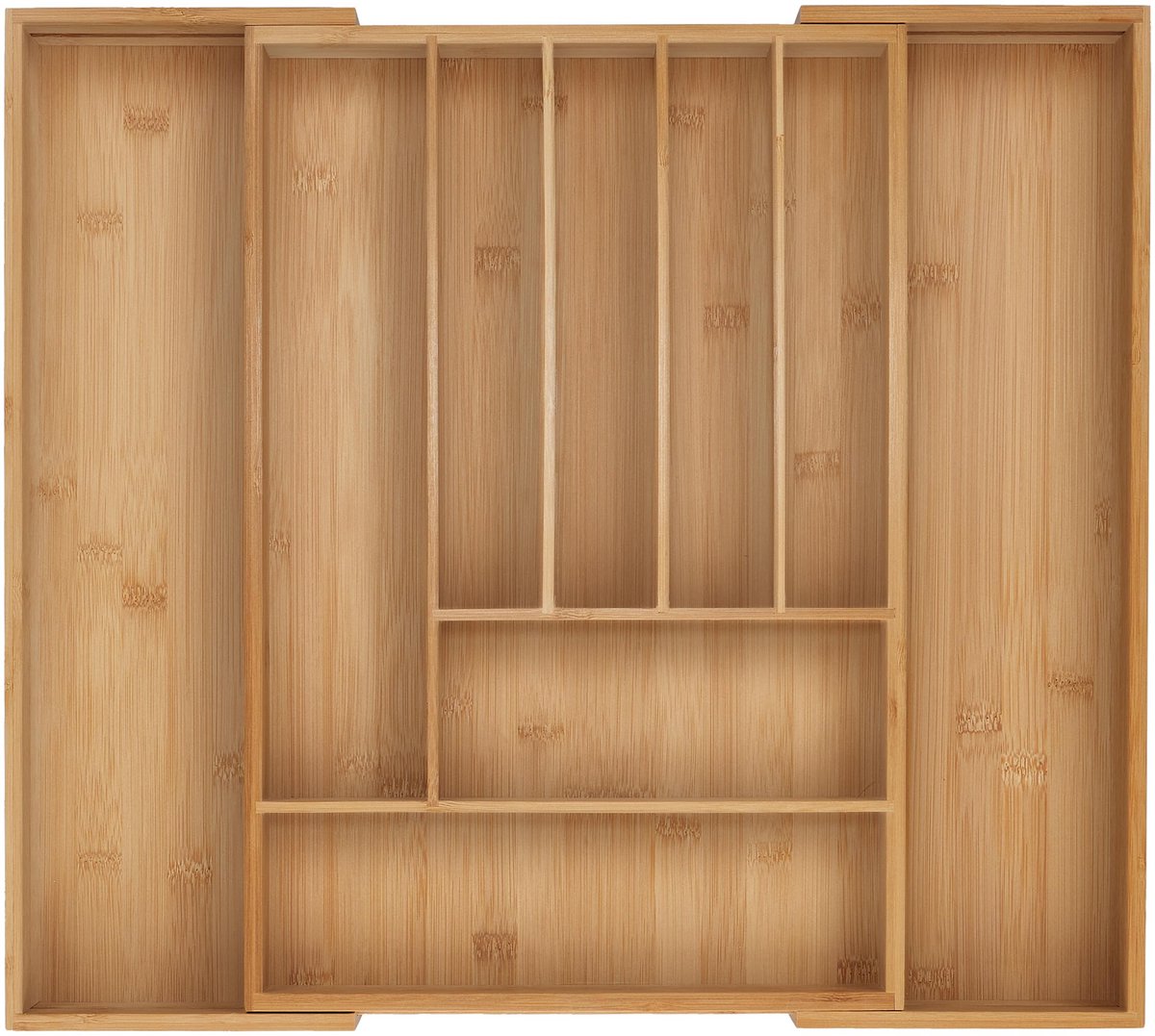 Famanu – Uitschuifbare bestekbak met 7-9 vakken, bamboe, voor besteklade, afmetingen H x B x D: 5 x 31-50 x 45 cm, ideaal voor keukenorganisatie