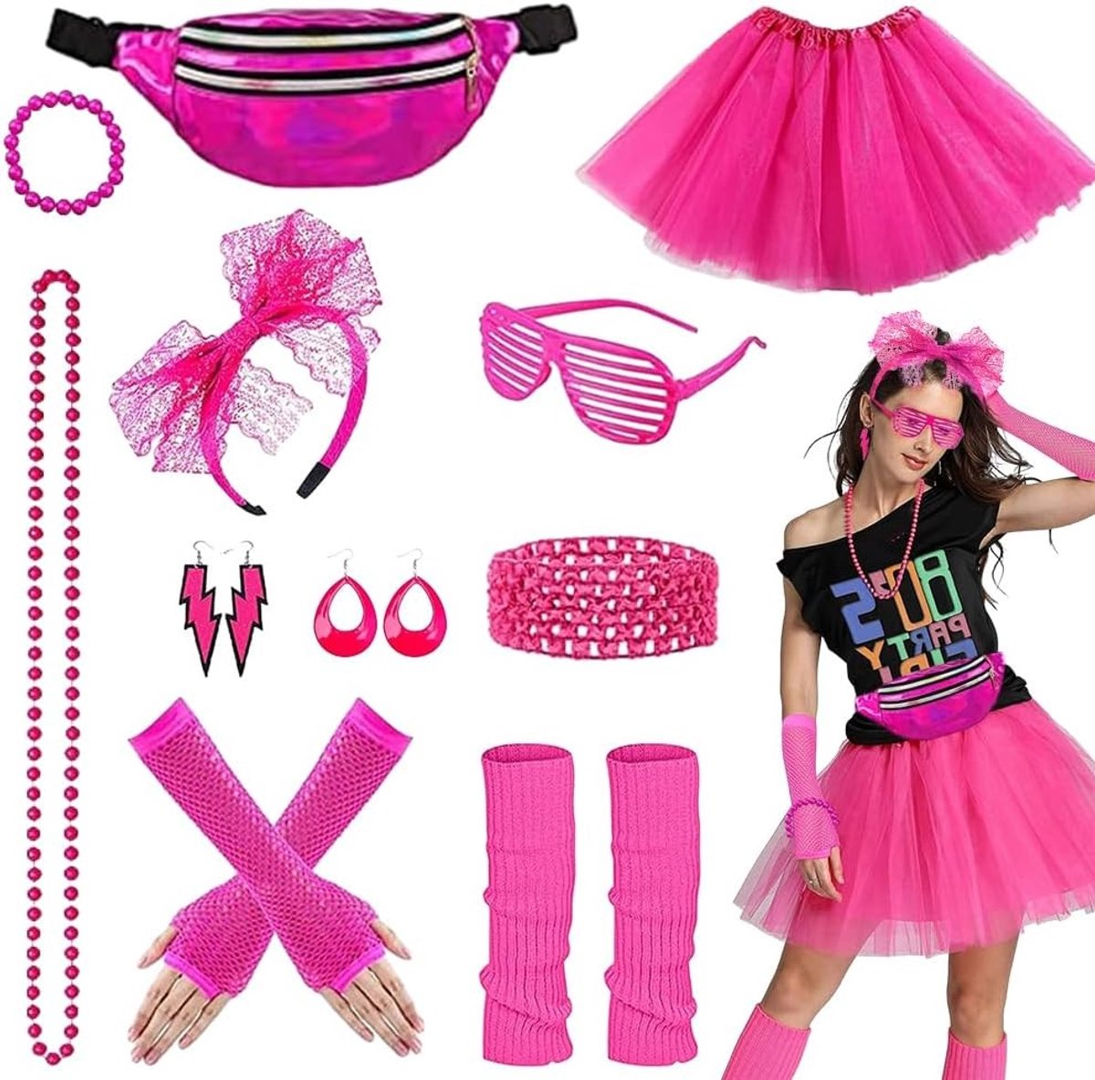 Complete 11-delige kostuumaccessoireset voor een 80's themafeest, carnaval en retro evenementen