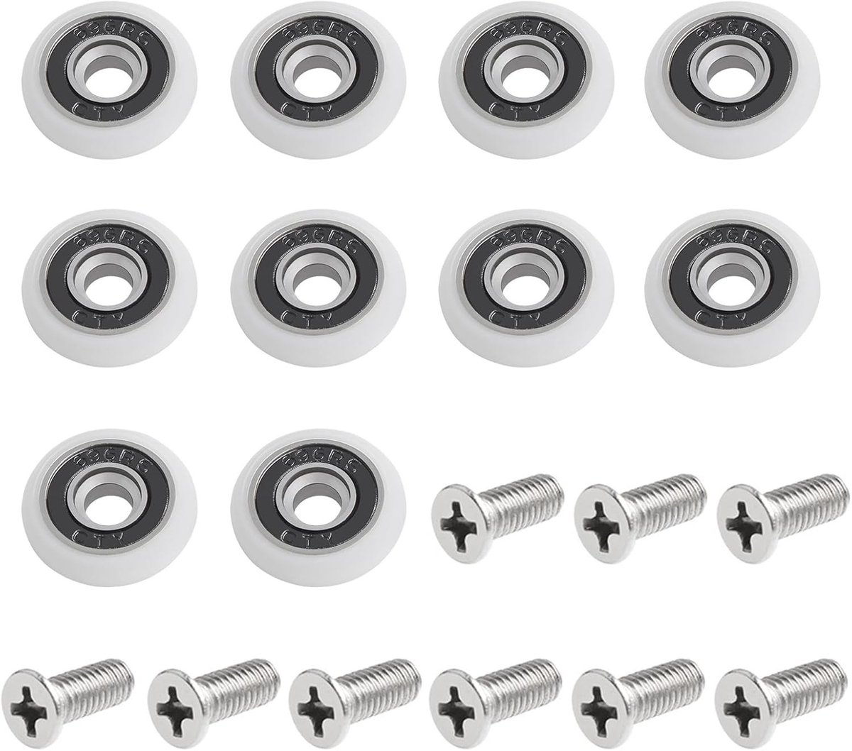 Set van 10 Rollen en Lagers voor Schuifdeuren - Wielen met Schroeven, 19 mm, Wit, Voor Gemakkelijke Beweging