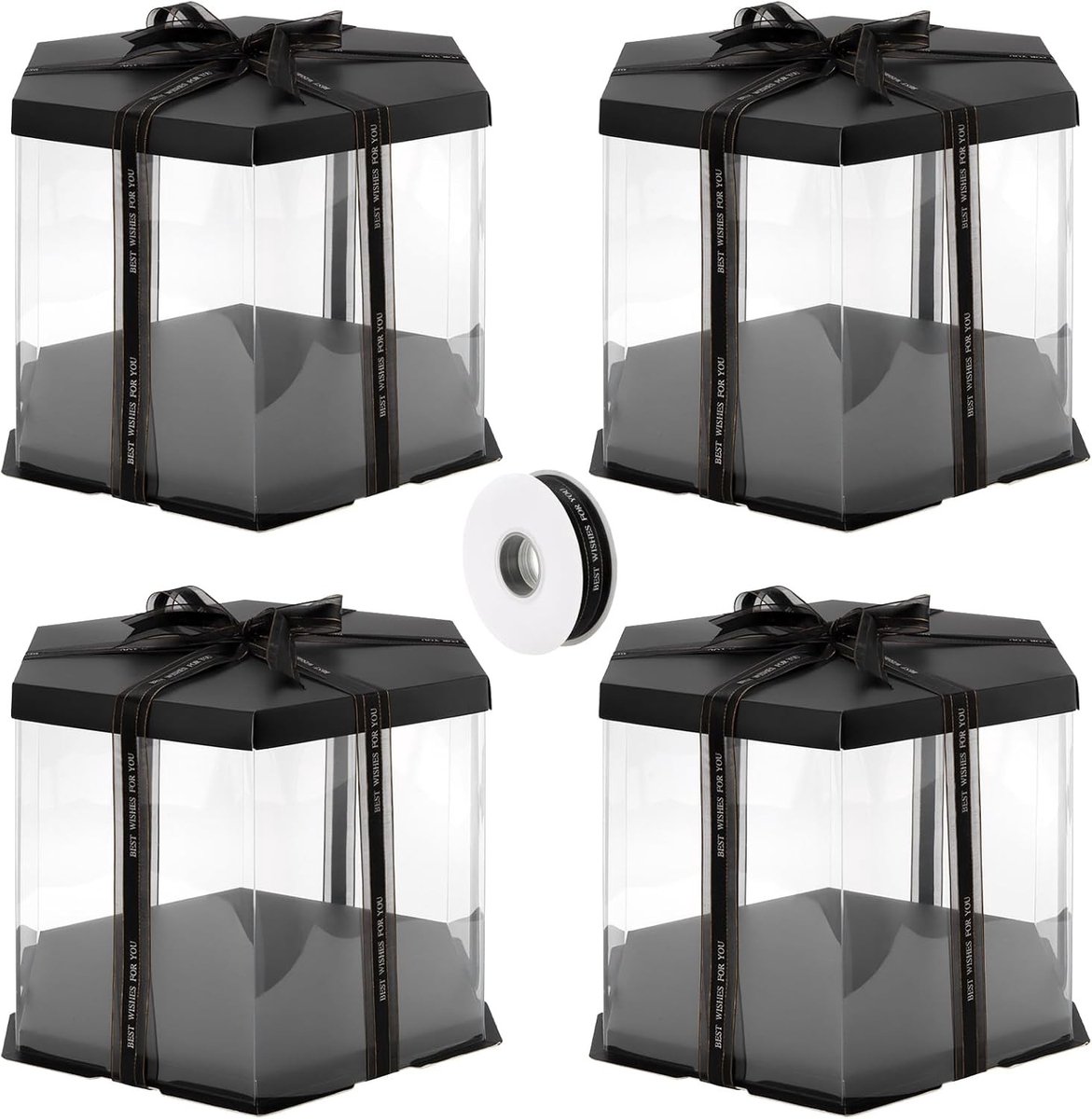 Transparante Hexagonale Taartdozen met Zwarte Basis en Band - 4 Stuks, Ideaal voor Verjaardagen en Feestjes, 30x30x25cm