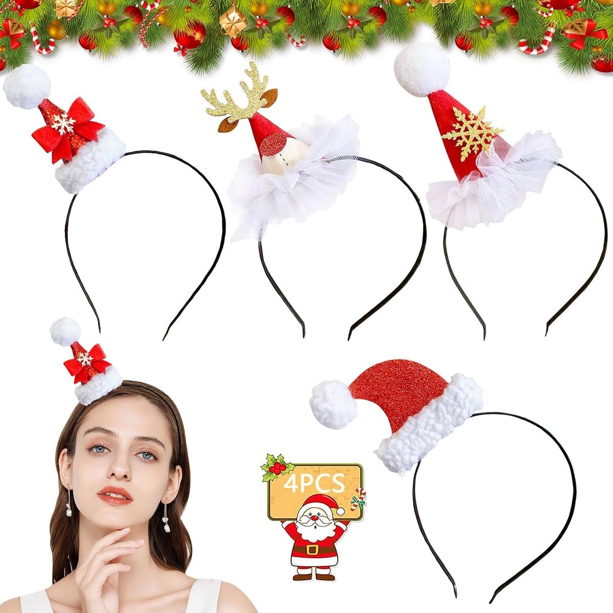 Kerst headdresses set van 4, feestelijke haarbanden met rendierantlers, kostuumaccessoires voor kinderen en volwassenen, ideaal voor kerstfeesten en partijen