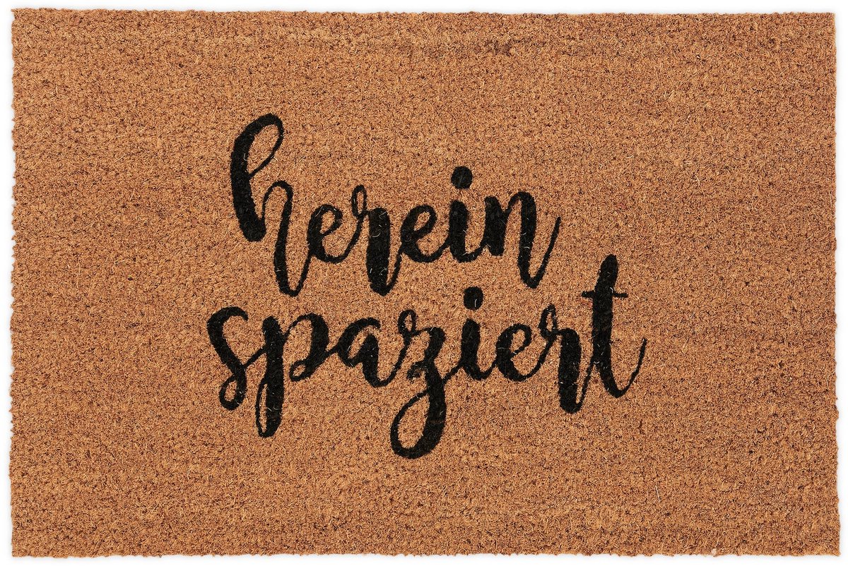 Famanu Deurmat van kokos met Duits opschrift "hereinspaziert", 60 x 40 cm, antislip voor binnen en buiten Zwart