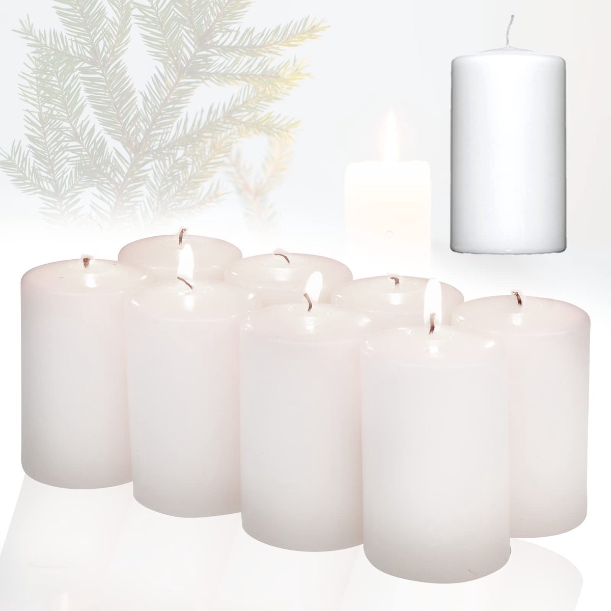Famanu – 8-delige set witte stompkaarsen, 5,8 cm x 12 cm, kerstkaarsen voor adventskrans en kerstdecoratie, sfeervolle kaarsen voor de feestdagen
