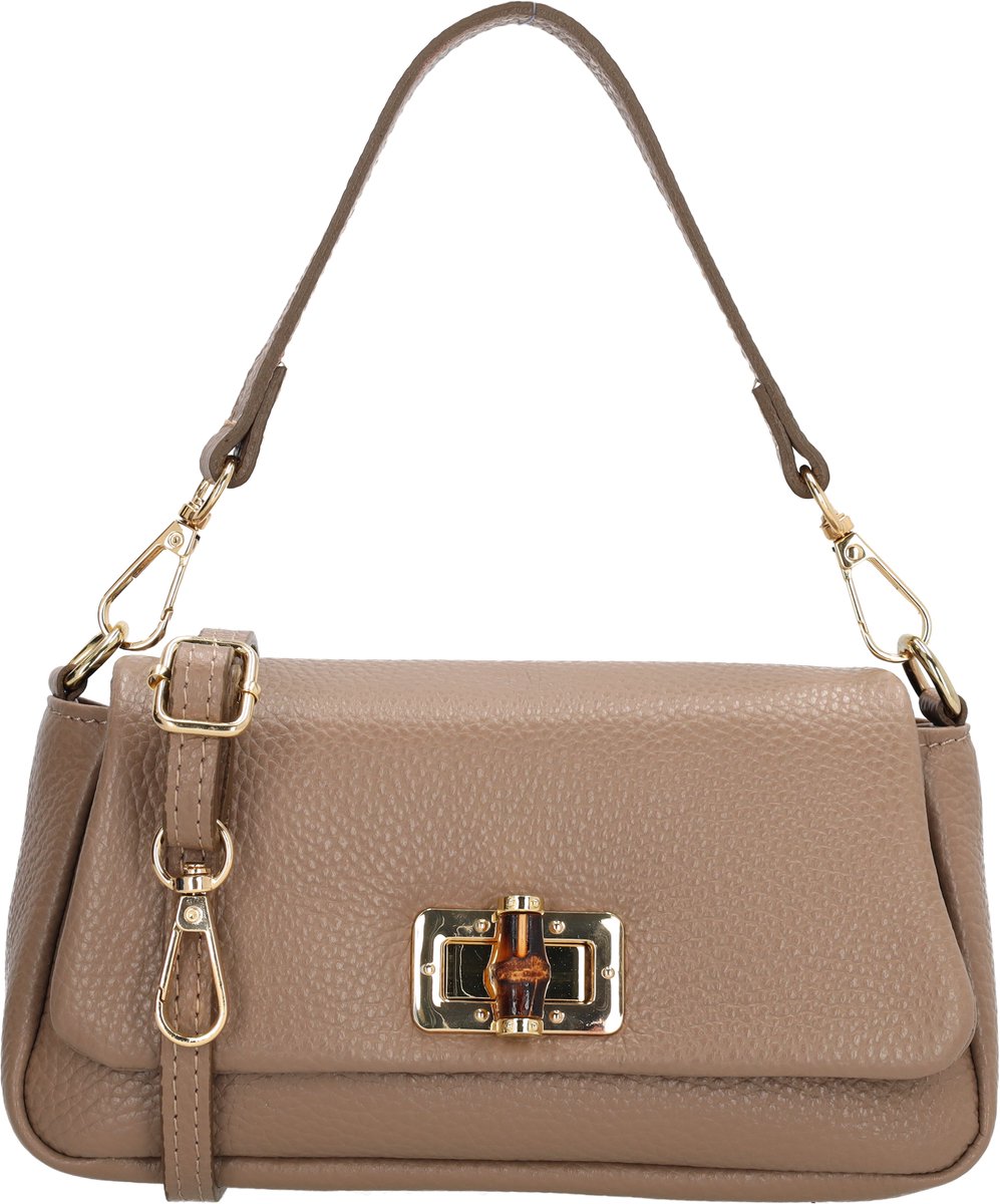 Charm London Vittoria Crossbodytas - Damestas - Schoudertas - Draaisluiting - Afneembaar Handvat - Verstelbare Schouderband - Compact - Leren Dames Tas - Donkertaupe