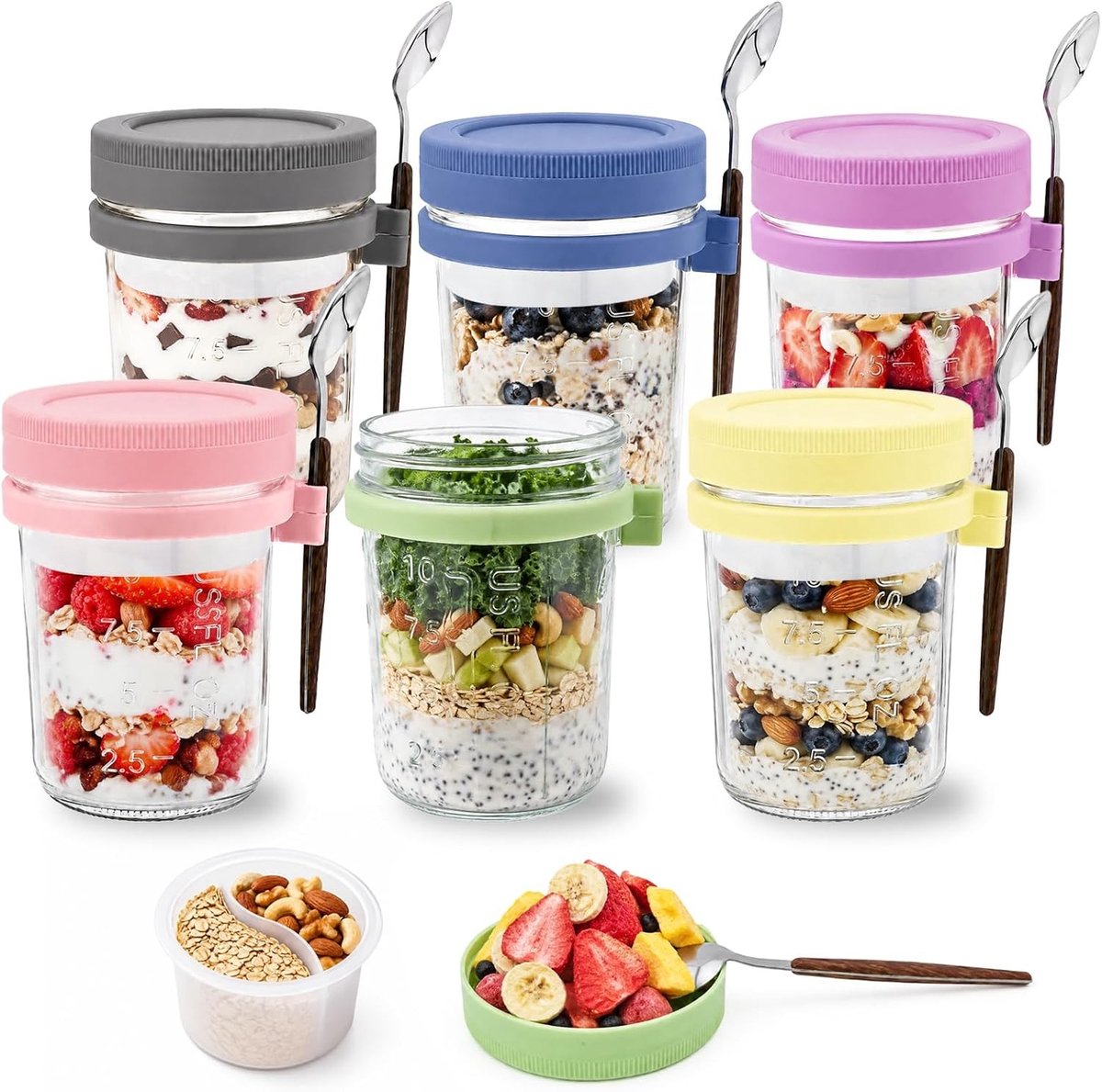 Set van 6 Overnight Oat Glazen 470 ml met Deksel en Lepels, BPA-vrij, Lekvrij en Ideaal voor Maaltijdvoorbereiding, Yoghurt, Saladedressings en Granen