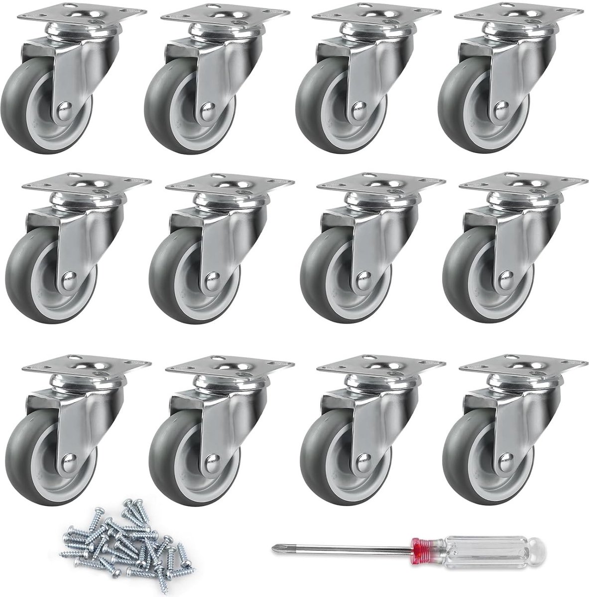Set van 12 Meubelwielen 50 mm, 50 kg Draagvermogen per Rol, Draaiende Basis voor Kasten en Palletmeubels, Inclusief Schroevendraaier en Schroeven