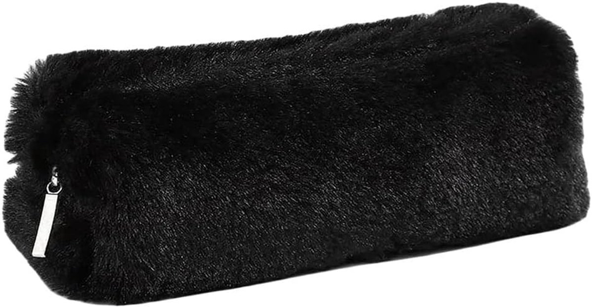Schattige Fluffy Pennenzak voor Jongens en Meisjes - Ruime Opbergzak voor Schoolbenodigdheden en Make-up Accessoires (Zwart)