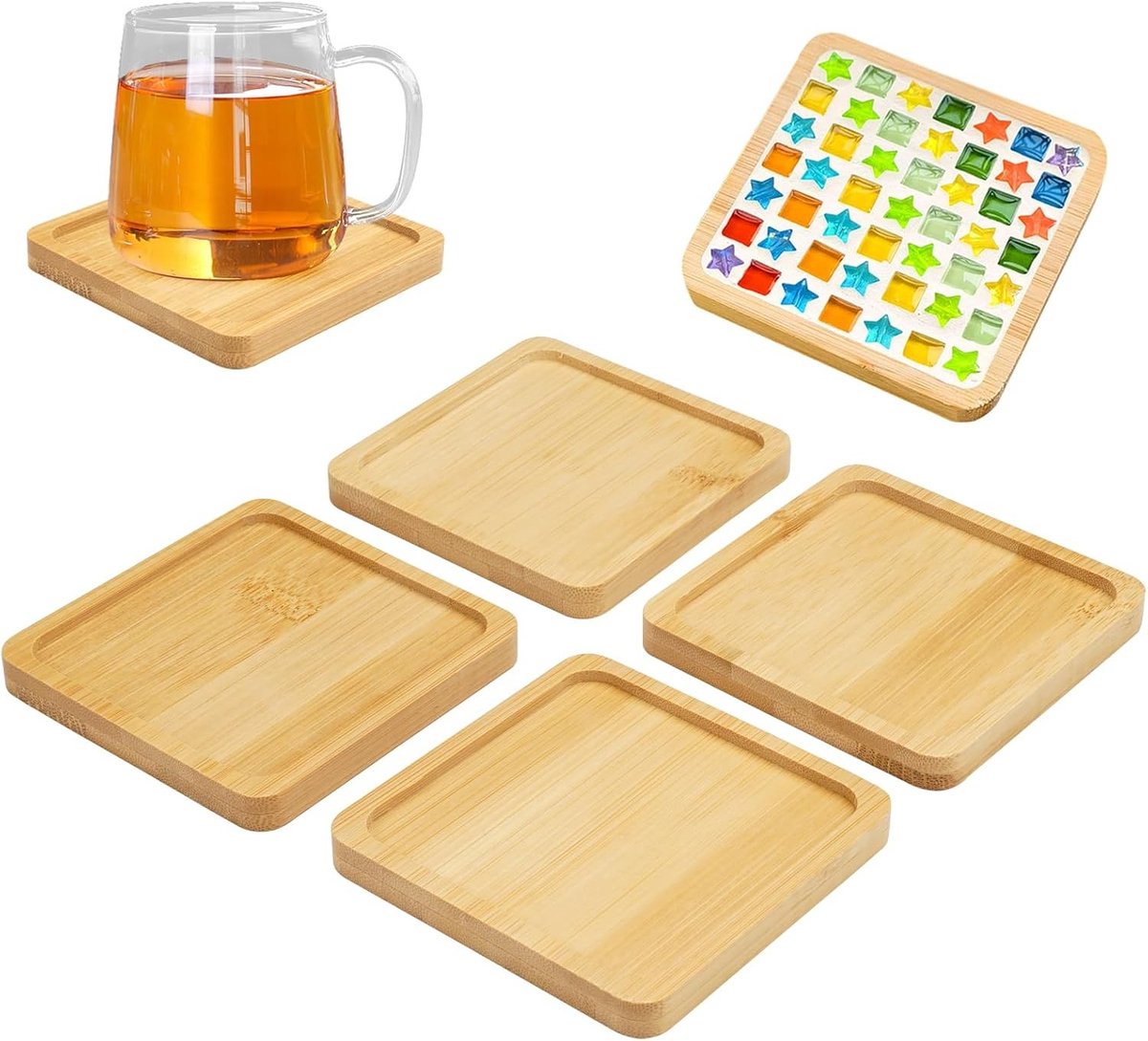 Set van 4 Vierkante 9cm Bamboe Dienbladen voor DIY Mozaïek Onderzetters en Creatieve Projecten