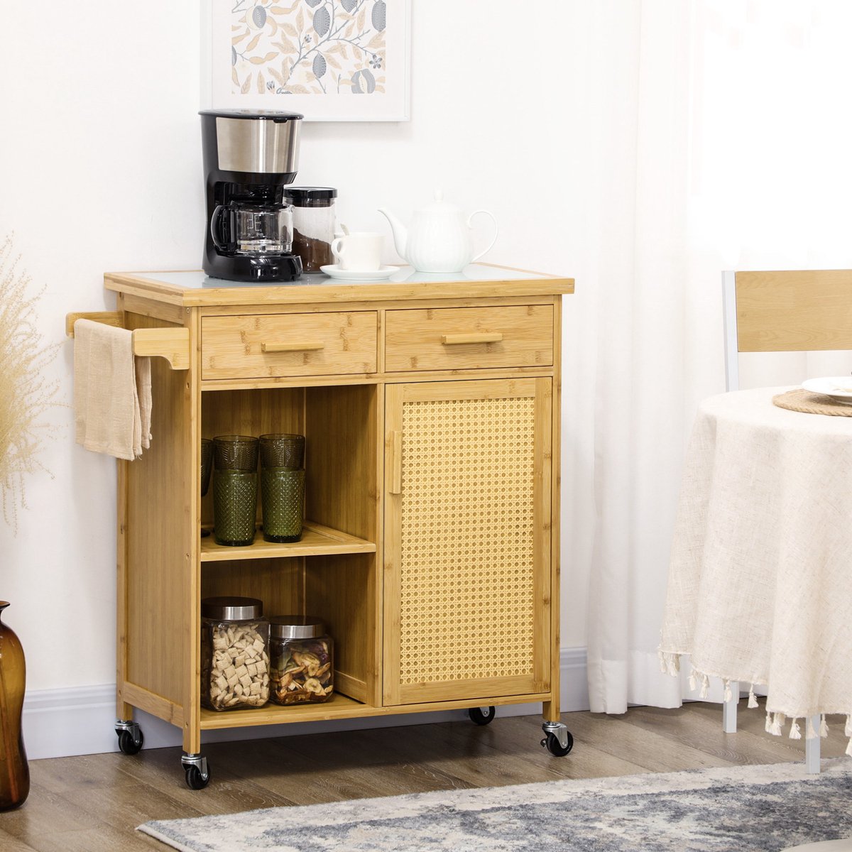 MIVRAY Keukenwagen Met 2 Lades En Kast – 84 x 36 x 85 Cm – Bamboe – Naturel Hout – Met Wielen Voor Flexibele Opbergruimte