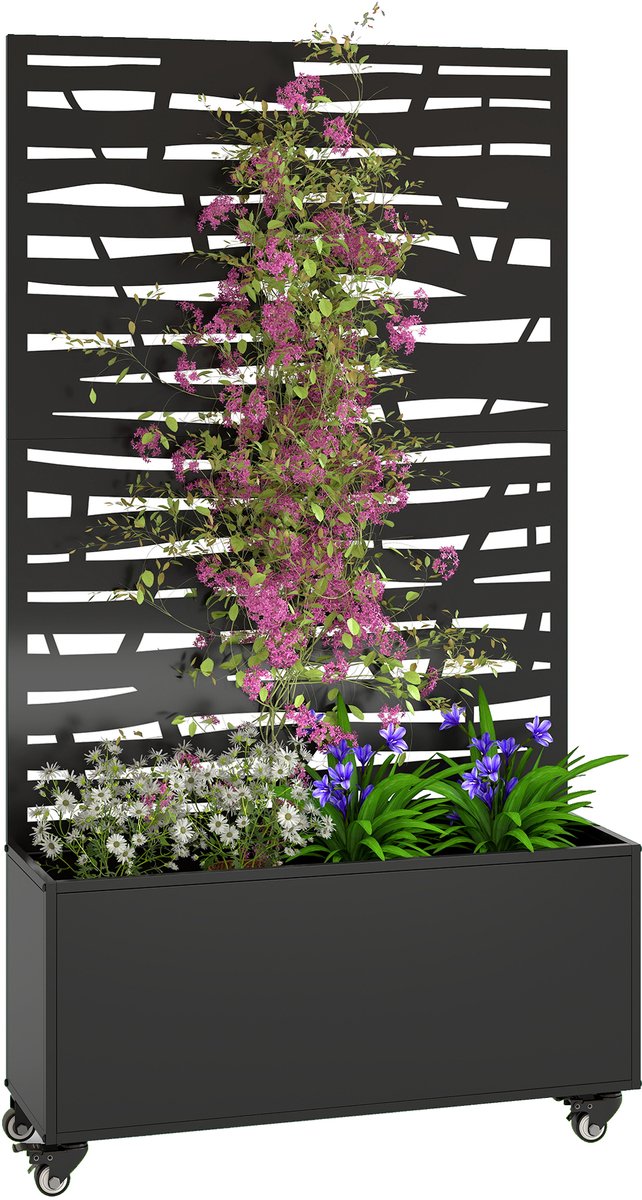 Sogiol® Verrijdbare Plantenbak met Klimrek - Metaal - met privacyscherm en wielen - klimrek in latten gesneden - 90x30x160cm - zwart