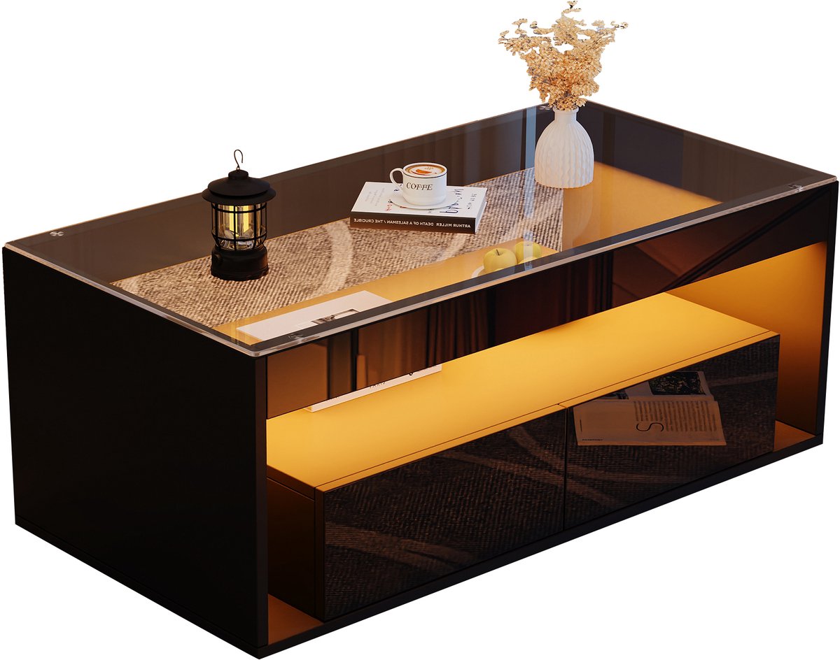 Ropilly Rechthoekige Salontafel Zwart - Moderne Led Salontafel - Met 2 Lades - App Bediening - Gehard Glazen Blad - Voor Woonkamer - 100x50x40 cm - Zwart