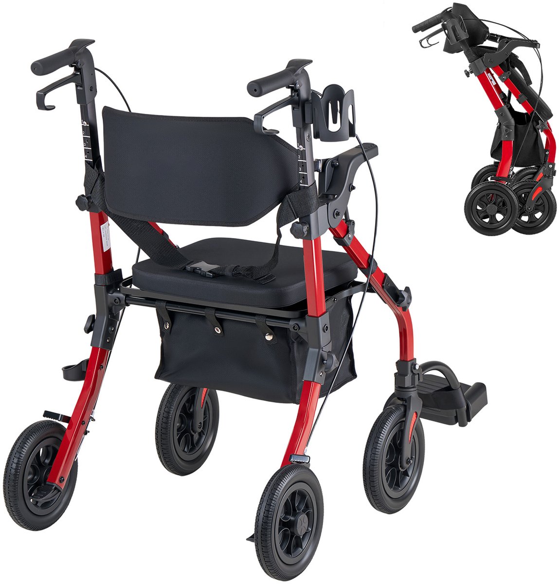 2-in-1 Opvouwbare Rollator met Zitje, Lichtgewicht Loophulp met Wielen, Draagvermogen Tot 136 Kg, Inclusief Rugleuning, Tas, Stokhouder en Verstelbare Hoogte met Vergrendelingsfunctie, Rood