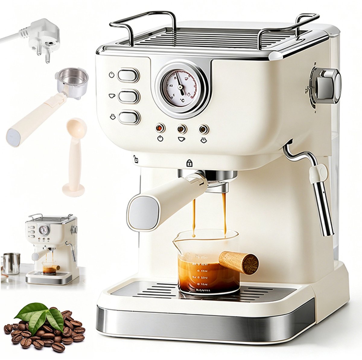 Espressomachine - Halfautomatische espressomachine - Koffiemachine voor thuis/kantoor - Met melkschuimer - 20 bar - 1050 watt - 1,5 liter - Gebroken wit