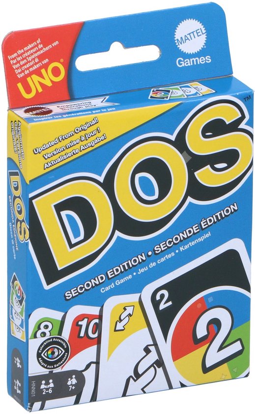Doos van het kaartspel DOS Second Edition, met de tekst 'DOS' in grote gele letters op een blauwe achtergrond.