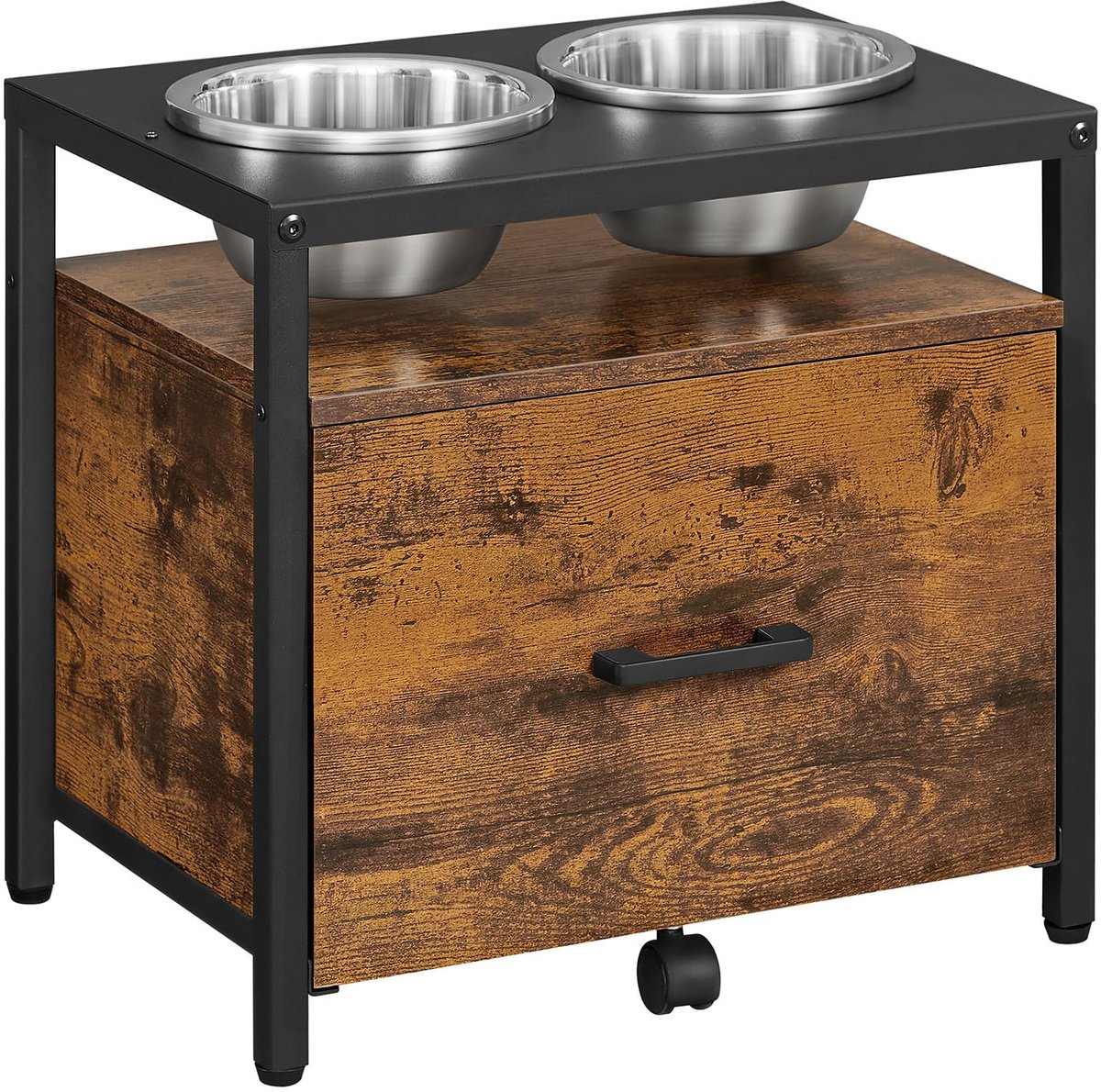 Famanu – Verhoogde hondenbak voor grote honden, voerbak met standaard en lade, 2 kommen, 39 cm hoog, vintage bruin-zwart
