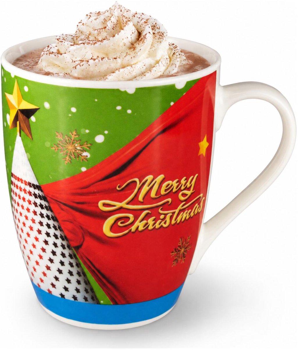 Excellent Houseware Kerst mok - Merry Christmas - gekleurd - 350 ml - keramiek - koffiemok - cadeaumok