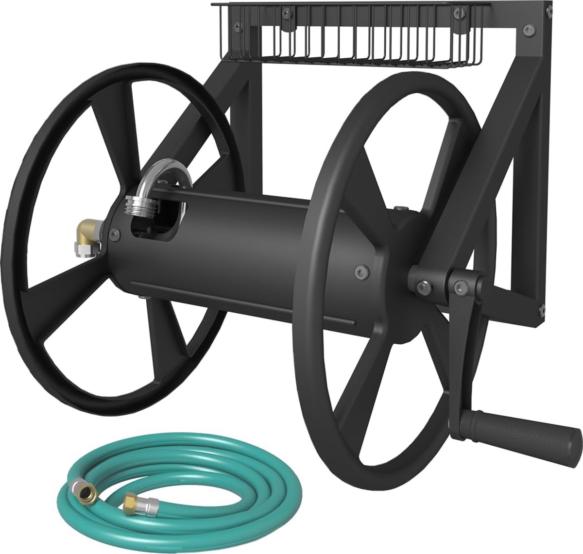 Famanu – Stevige driehoekige tuinslanghaspel voor wandmontage, geschikt voor 38 meter slang (5/8"), met 119 cm voorslang en messing fitting, zwart