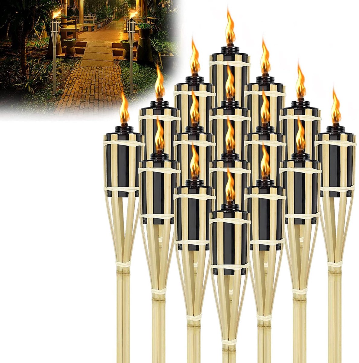 Famanu – Tuinfakkels voor buiten, 90 cm, oliefakkels van bamboe met lont, sfeervolle decoratie voor buiten, set van 12 stuks