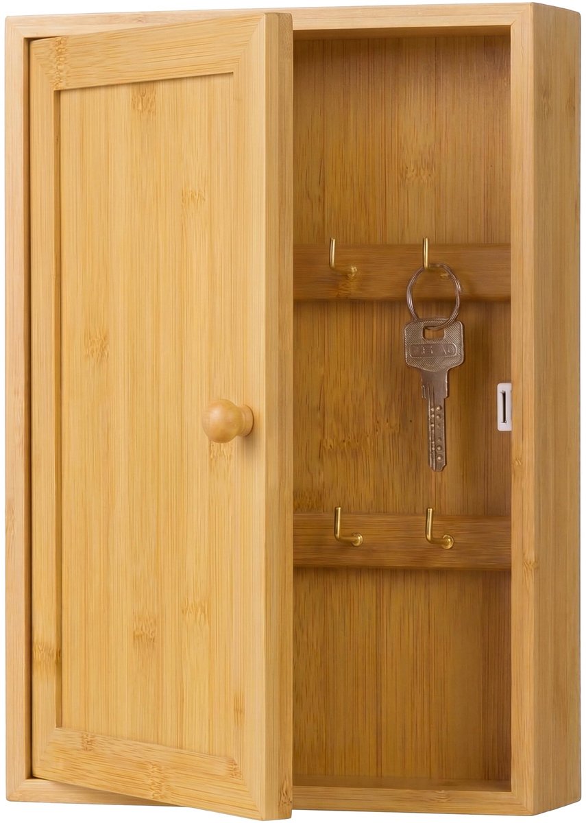 Famanu – Sleutelkastje van bamboe met 8 haken, 27 x 19,5 x 6 cm, voor hal en wand in naturel kleur