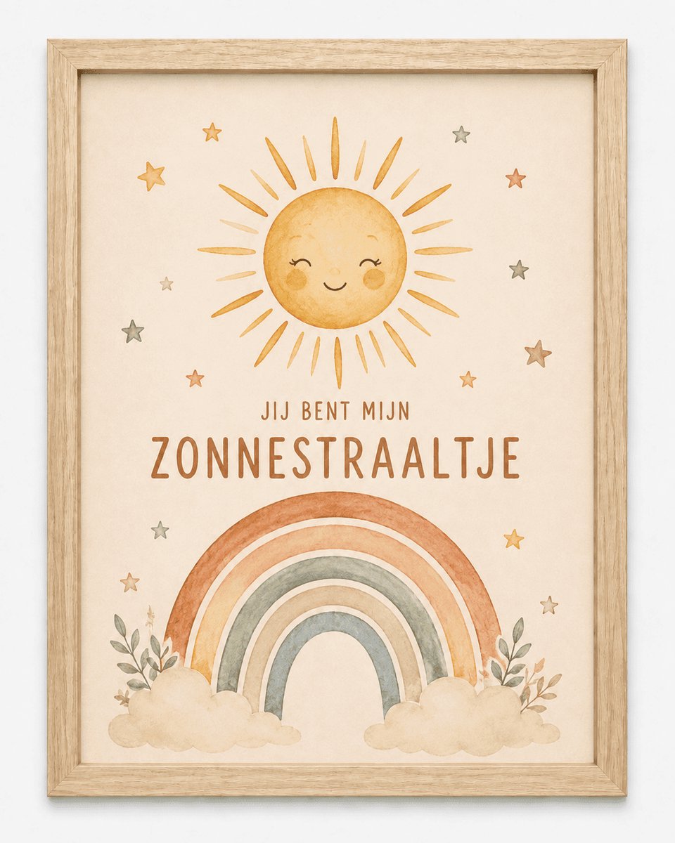 Jij Bent Mijn Zonnestraaltje Poster | Babykamer Regenboog | Inclusief Zwarte A4 Lijst