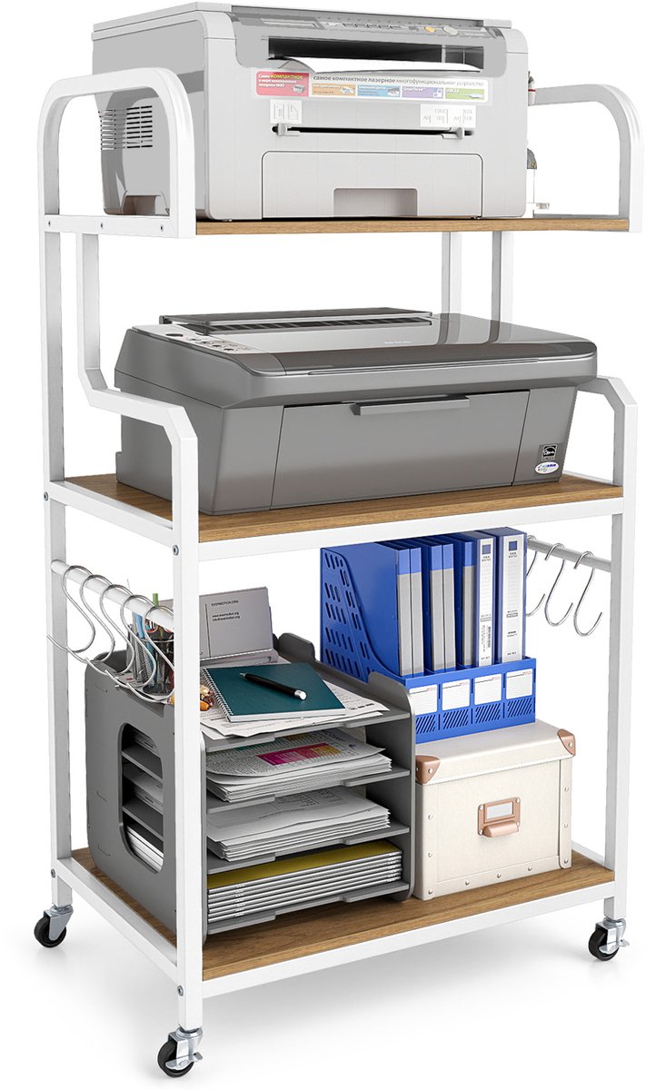 COSTWAY Printertafel met wielen, 3-laags printerstandaard met open planken & 10 haken, mobiele printerkast van hout, printerwagen voor thuiswerkplek & kantoor (Naturel)