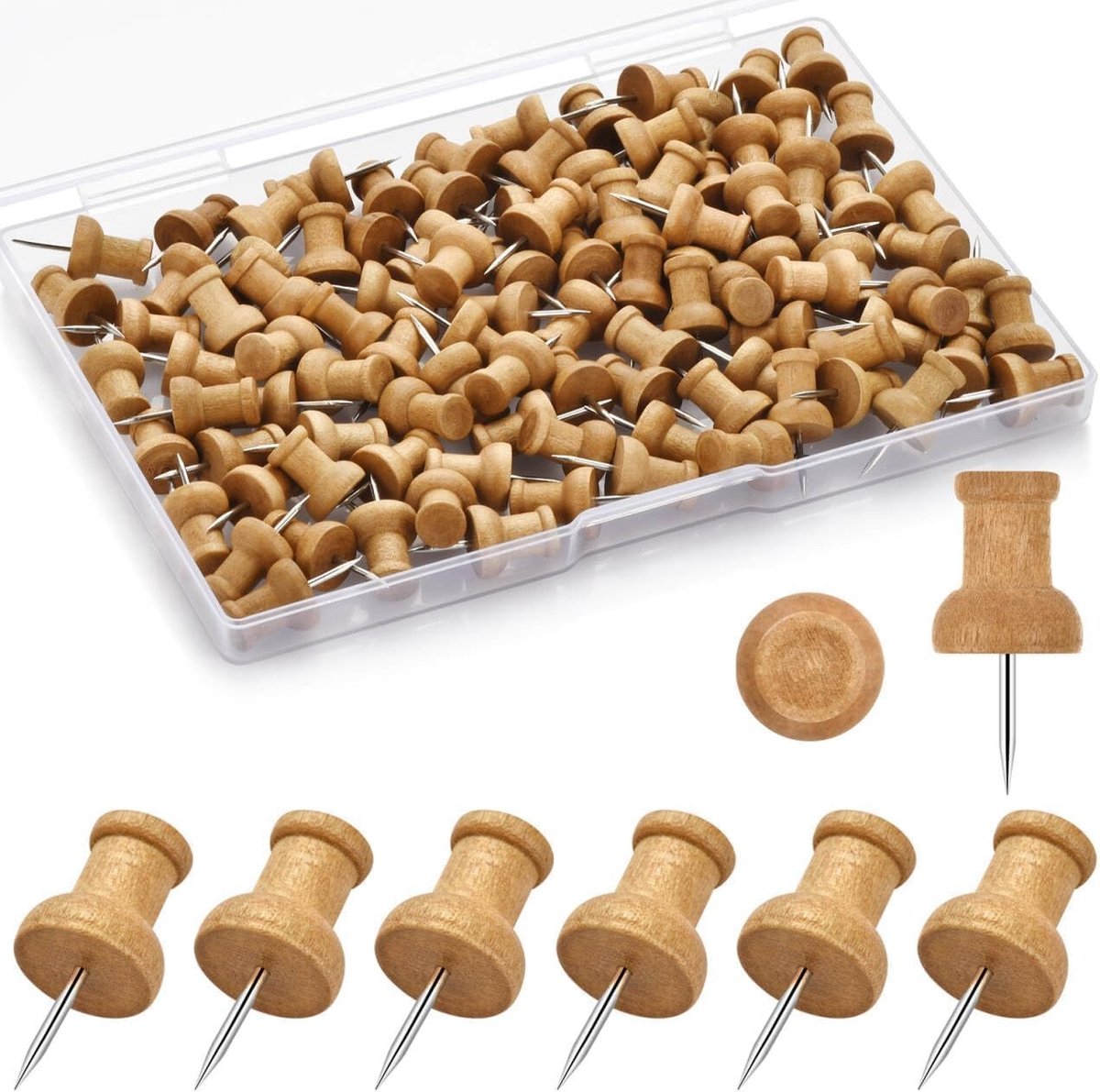 Houten Push Pins - Bruin - 23 mm - Met Stalen Punt - Voor Kurk Prikborden en Ambachtelijke Projecten