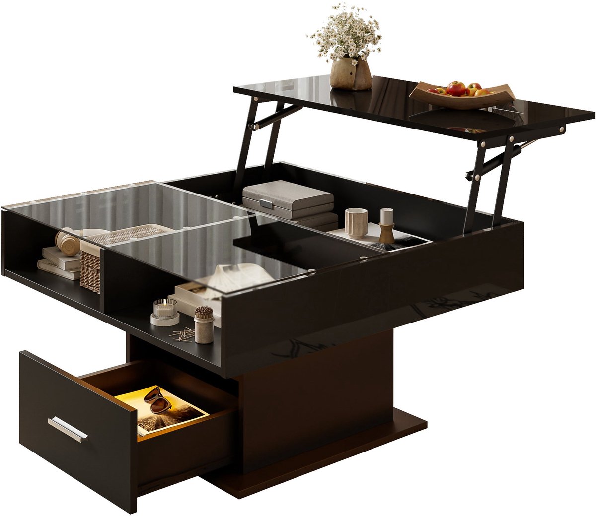 Merax Hoogglans Salontafel met Verstelbaar Tafelblad en Opbergruimte – LED-Verlichting – Zwart – 78 x 78 cm