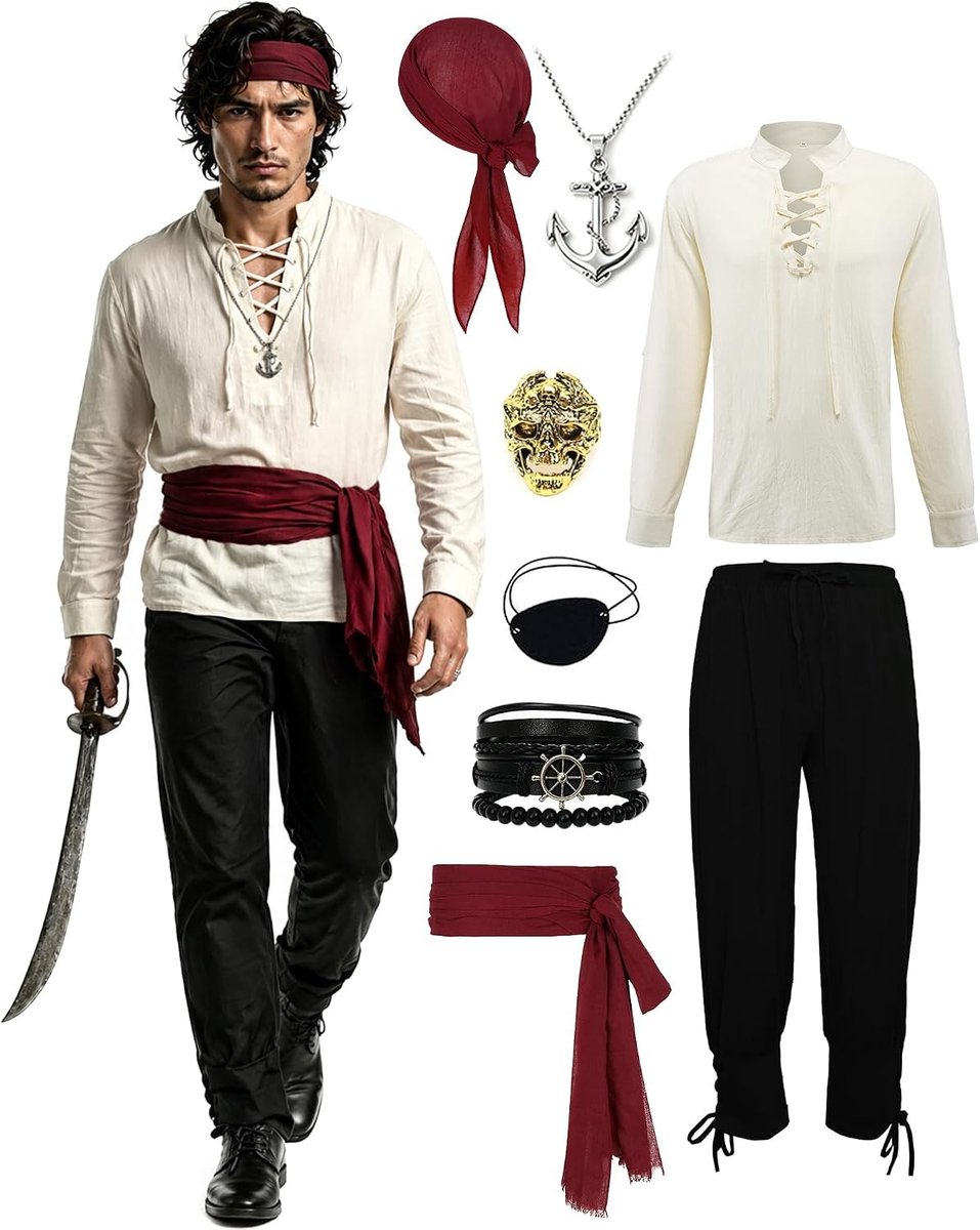 Piratenkostuum - Beigewit - L - Middeleeuws Renaissance Kostuum met Accessoires - Voor Heren