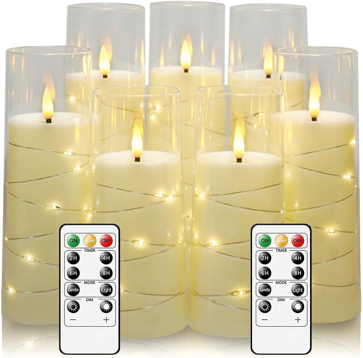 Vlamloze Kaarsen met Lichtketting - Transparant - 7 Stuks LED-kaarsen met Afstandsbediening en Timer - Voor Huisdecoratie